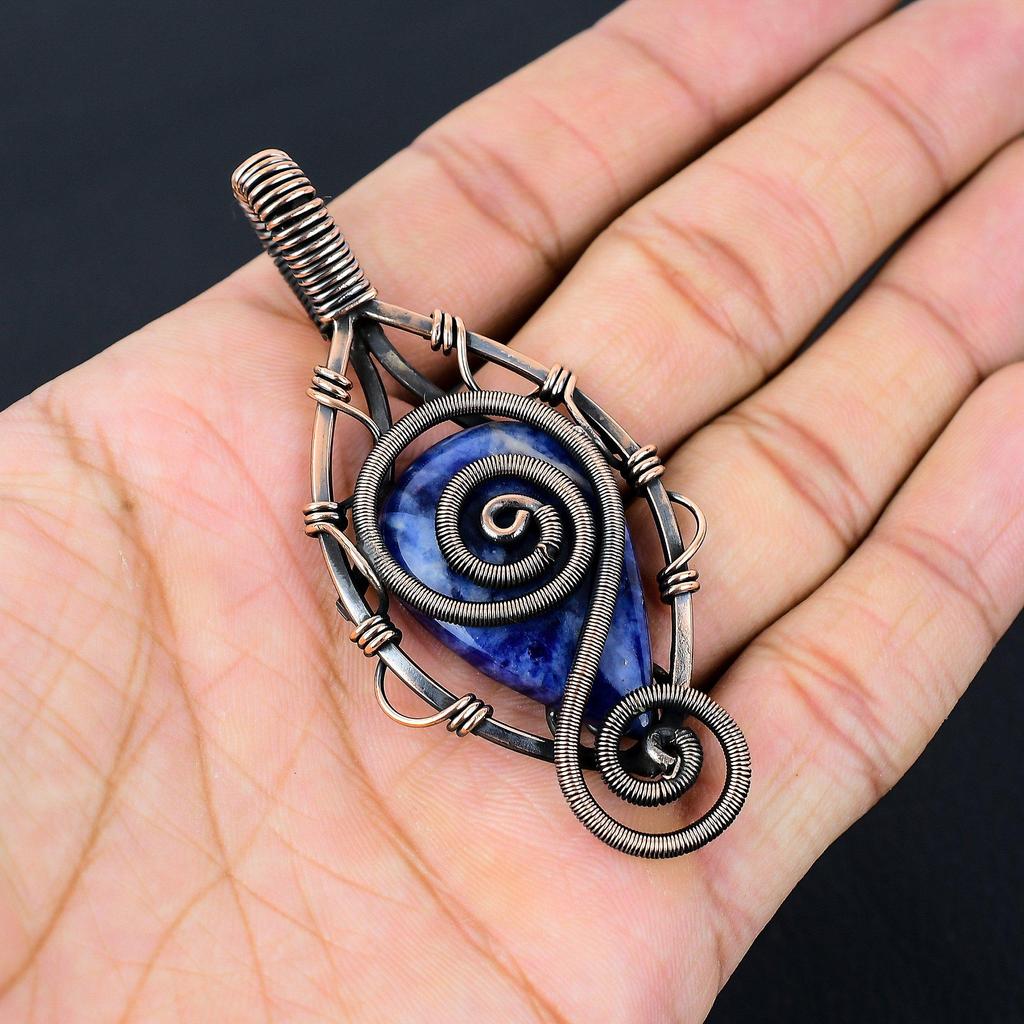 Драгоценный камень содалит, чистая медная проволока, обернутая подвеской ручной работы, ювелирное изделие, подарок для нее