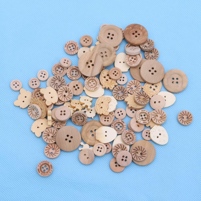 100pcs/lot Mix Shape 2 Holes Natural Color Wooden Pattern Wood Sewing Buttons