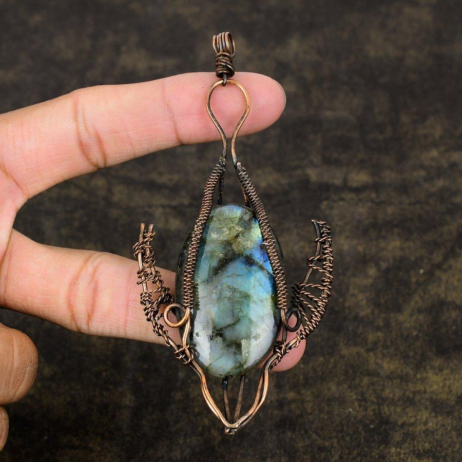 Labradorite Handmade Copper Wire Wrap Jewelry Pendant 4.14" E1B90