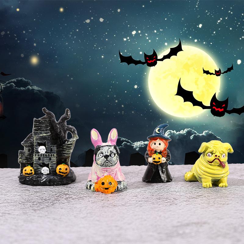 Y New Halloween Small Ornaments Resin Mini Pumpkin Ghost Magic Dog House Micro Landscape DIY Accessories Halloween House Decor