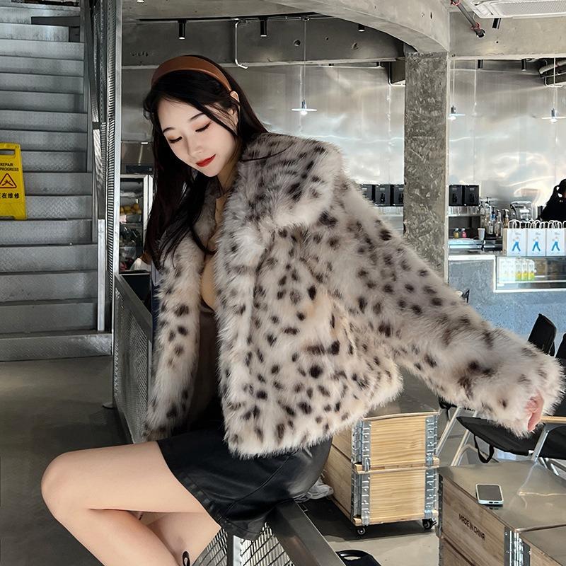 Leopard Point Square Collar Small Short High Waist Fur Coat Women's Winter New Fur Collar Imitation Fur Top