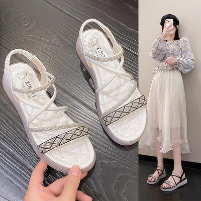 Модные бежевые босоножки с открытым носком на каблуке 2025 Женские туфли на низком каблуке с ремешком Пип Черные стразы Новые Летние Удобные для девочек