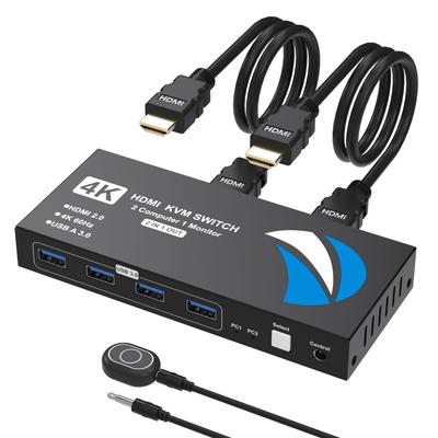 KVM-переключатель с 2 входами HDMI и 1 выходом для 2 ПК, с пультом дистанционного управления, переключает между 2 ПК и 1 монитором, 4K@60 Гц, 4 порта USB 3.0, 5 Гбит/с Высоко-