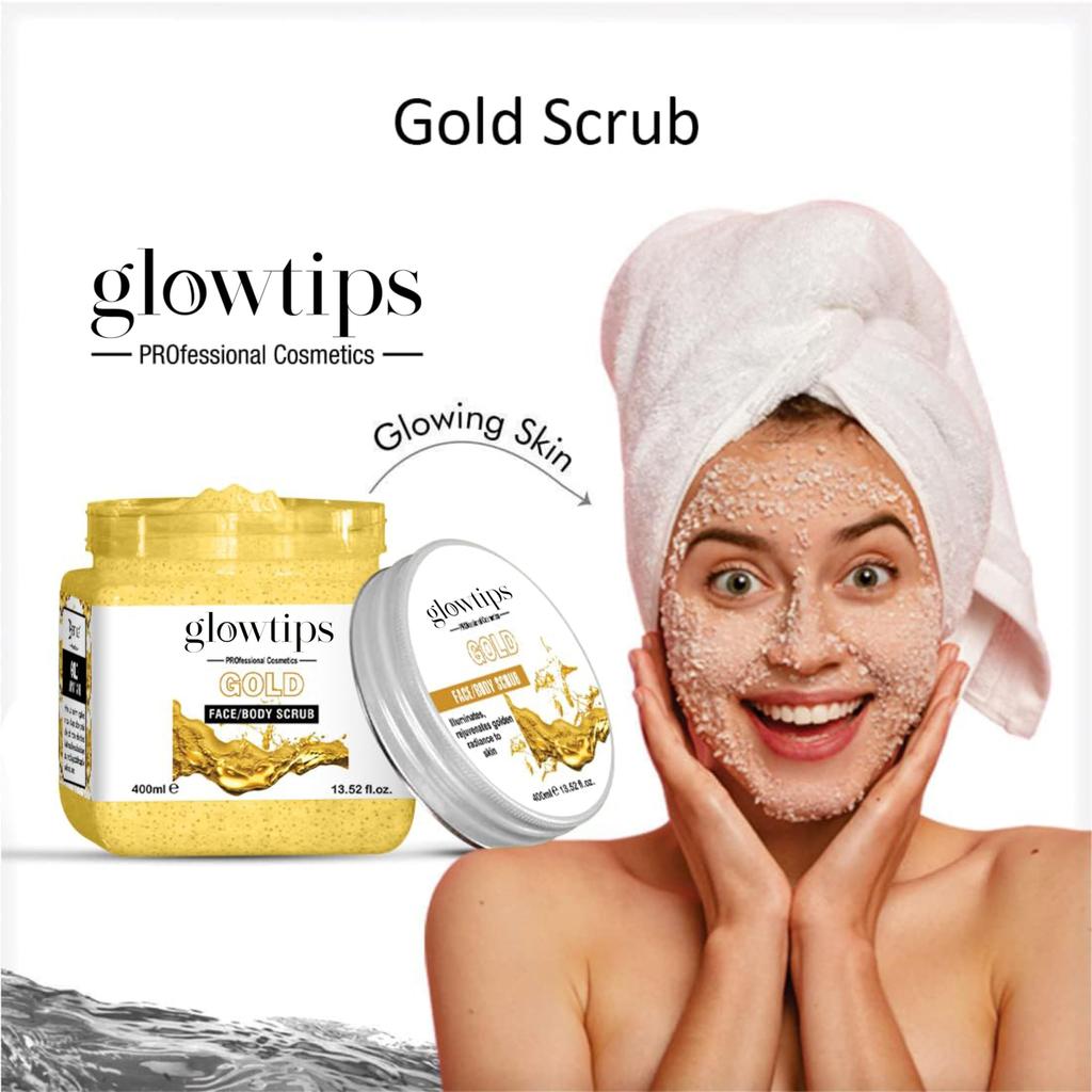 GLOWTIPS Золотой скраб для лица и тела для мужчин и женщин (400 мл) | Все типы кожи | Очищающий скраб для глубокого отшелушивания | Средство для удаления омертвевшей кожи | Удаление загара | Bl