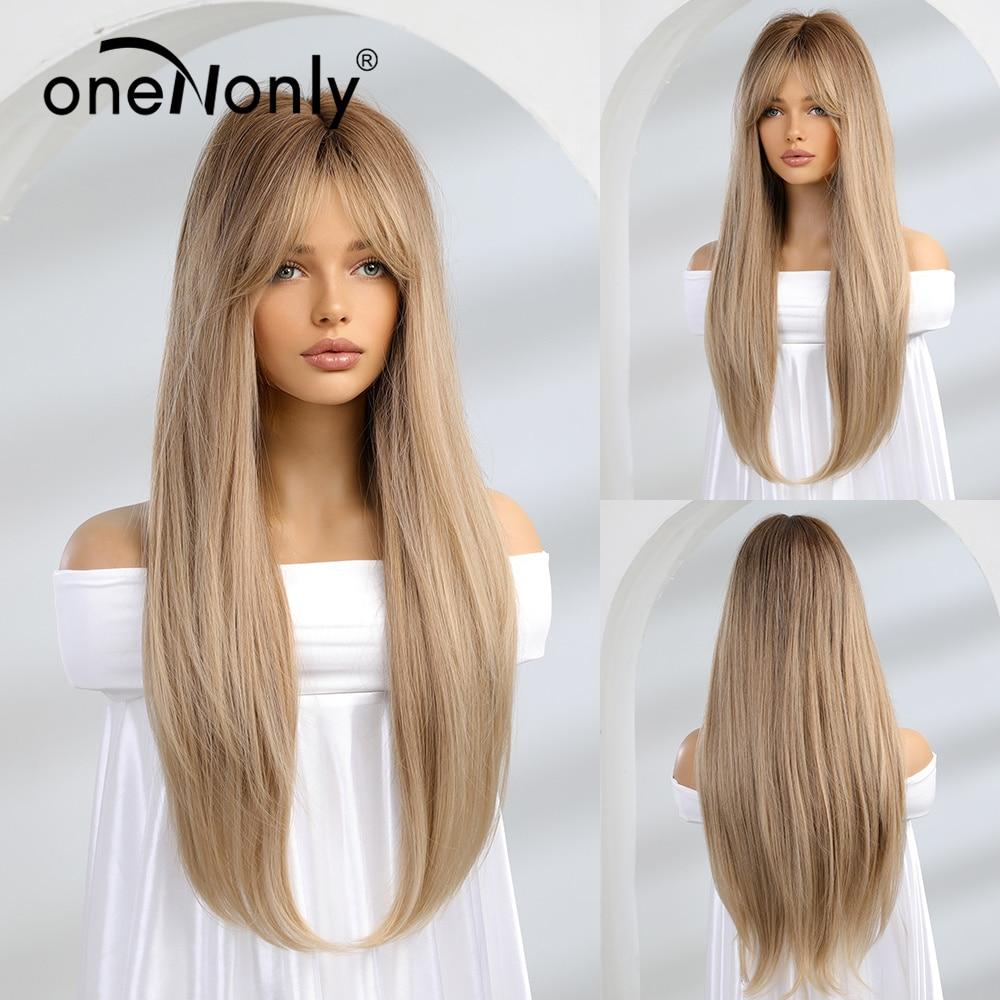 BLONDE UNICORN Long Ombre Blonde Wigs with Bangs Dark Root Synthetic Wigs Straight Hair Wigs for Women Daily Cosplay Use