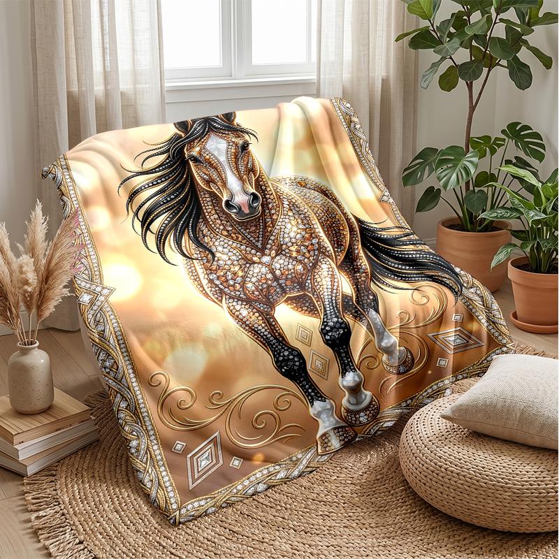 Golden Horse Journey Theme blanket Lightweight Warm Flannel Blanket Decorative Throw Blanket for Home Decoration