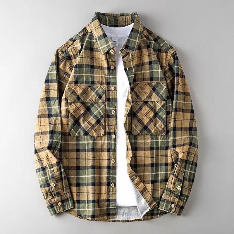 Мужская повседневная рубашка в клетку с длинным рукавом — молодежная мода в японском и гонконгском стиле