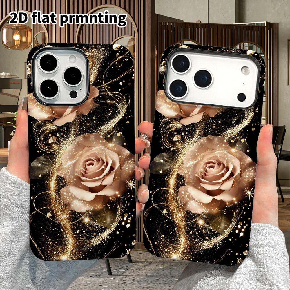 Phone Case: 2D flat design suitable for iPhone 18 17 16 15 14 13 Pro film protective case, couple style, black gold rose, Christmas and Halloween gift