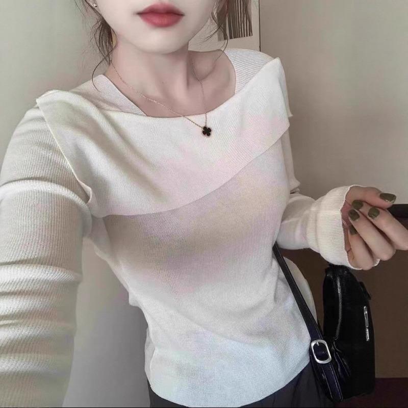 Design Sense One-word Shoulder Lapel Long-sleeved Knitted Sweater Women's Inner Slim-fitting Sweet and Spicy Bottom Sweater Outer Top