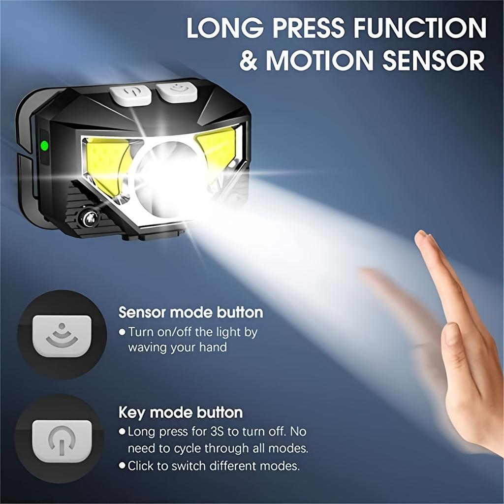 1200mAh Ultra Bright LED Rechargeable Headlight with Motion Sensor and 8 Lighting Modes Suitable for Outdoor Camping, Running, and Fishing