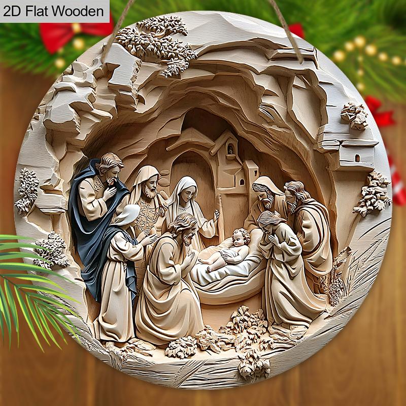 Nativity Wooden Christmas Sign - Jesus Navidad Round Sign for Front Door Wall Hanging Decor - Ideal Christmas Gift