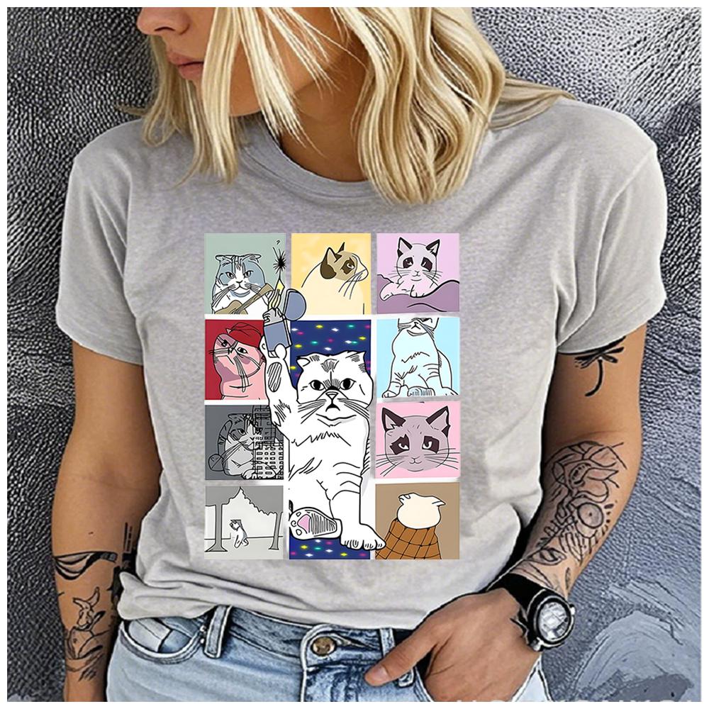 men and  Women's Polyester 100%Cat gathering Print T-shirt Loose round Neck Casual Short Sleeve Fashion Top  Clothing Summer