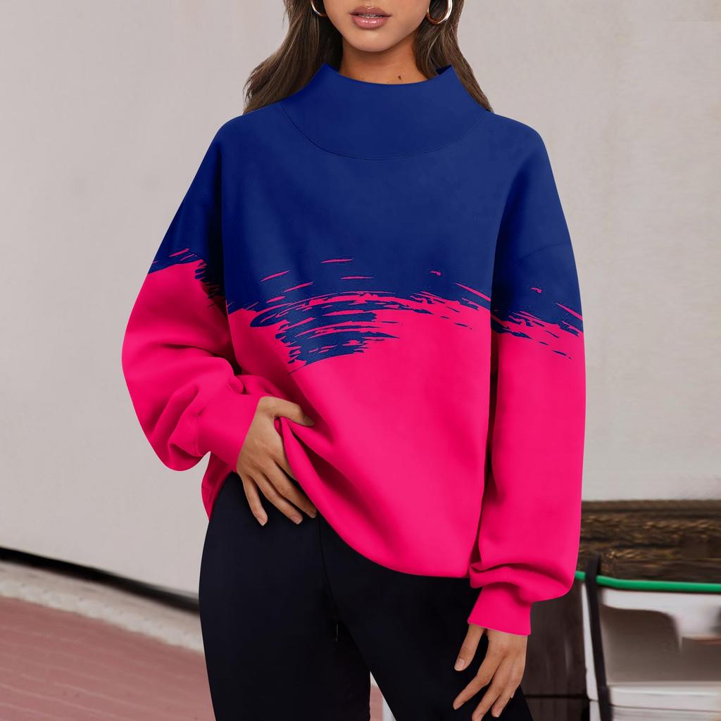 Женская мода с принтом и длинными рукавами, свободная полуводолазка с разрезом, толстовка, топ