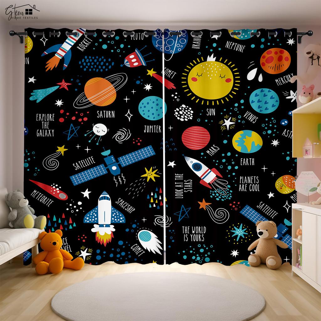 Cartoon Aerospace 3D Printing Drapes Astronaut Spaceman Spaceship Rocket Moon Planet Bedchamber Children ' s SpaceDrapes