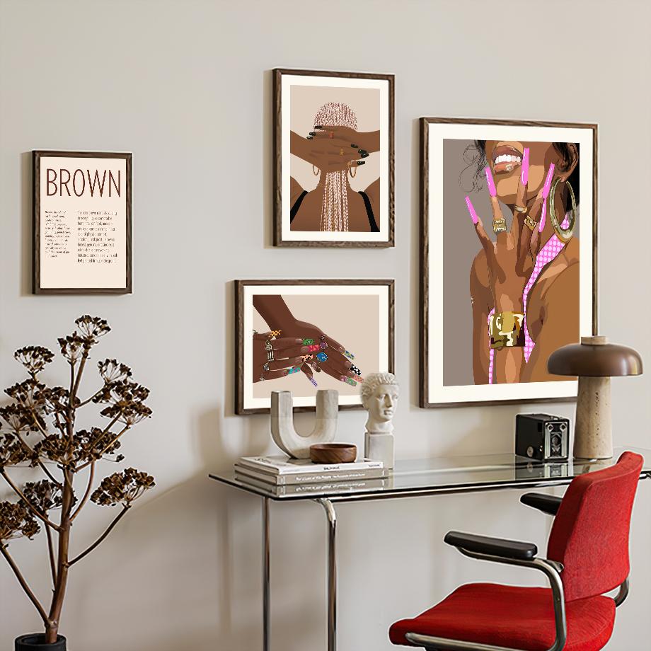 Черная модная девушка, парикмахерская, дизайн ногтей, салон, декор для гостиной, плакат и принт, настенная живопись на холсте, настенные панно Hoem