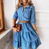 Summer Denim Shirt Dress Women Elegant Lapel Single Breasted Loose Pocket Plus Size A-line Short Dress Lady Ruffled Splicing Casual Dress 590