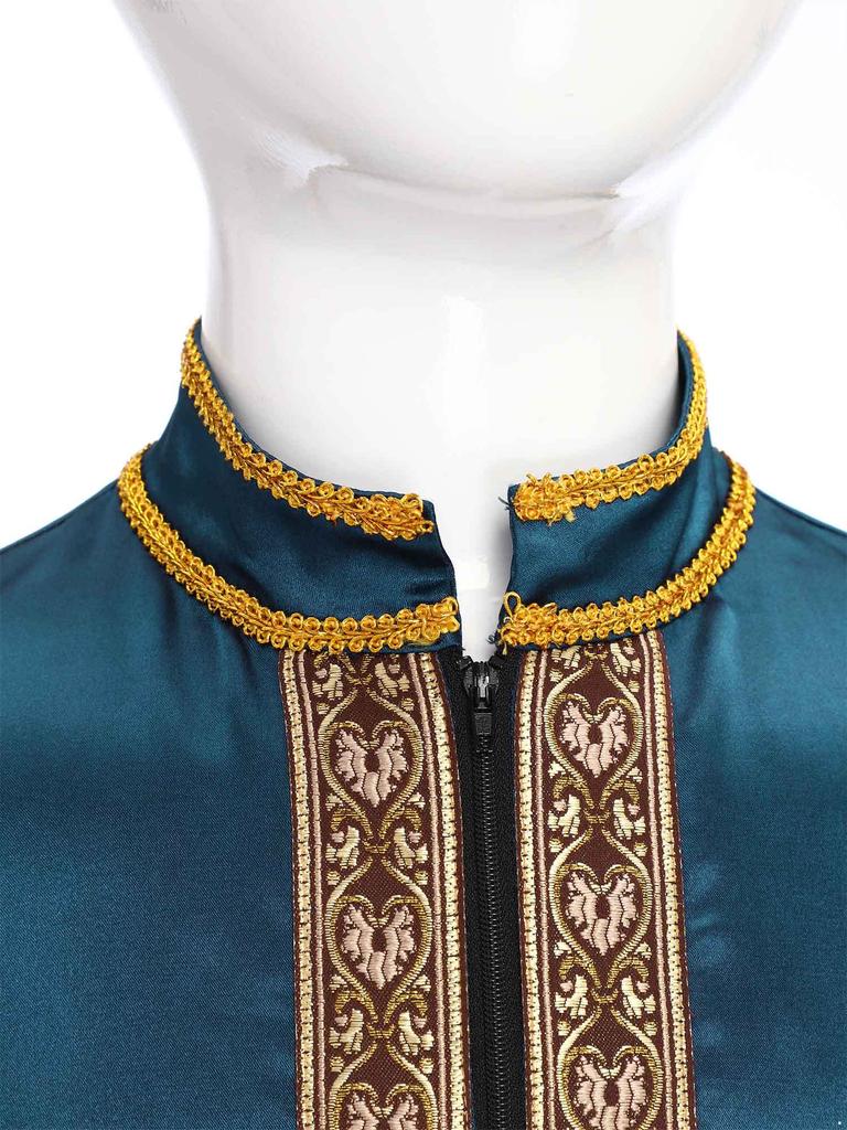 Boys Arab Gown Islamic Robe Long Sleeve Stand Collar Gold Embroidery Maxi Kaftan Festival Holiday Costume