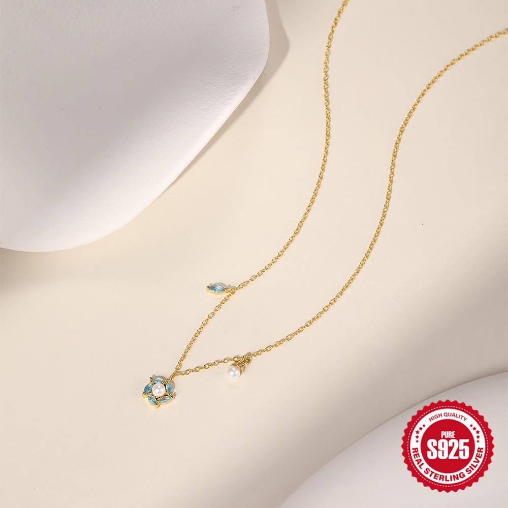 Fashion Trend S925 Sterling Silver Shallow Sea Blue Horse Eye Zircon Spliced Into Snowflake Pearl Small Fresh Necklace
