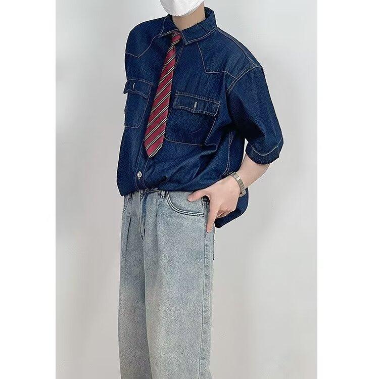Японский ретро модный бренд летняя свободная джинсовая рубашка с короткими рукавами художественная молодежная рабочая рубашка мужская и женская многослойная куртка