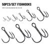 50PCS/Set Durable Sharpened Barbed Hooks Treble Jig Fishing Tackle Fishhooks High Carbon Steel