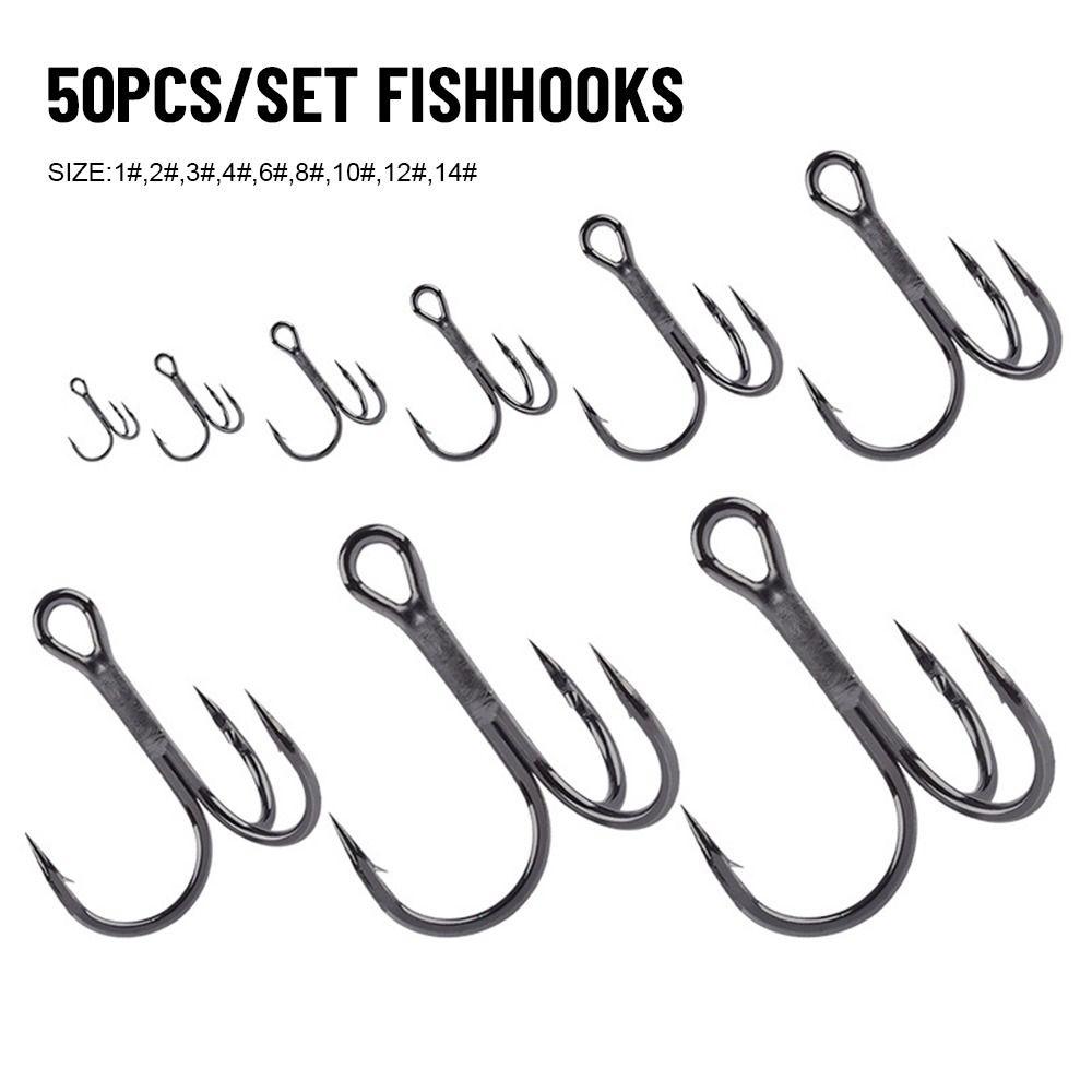 50PCS/Set Durable Sharpened Barbed Hooks Treble Jig Fishing Tackle Fishhooks High Carbon Steel