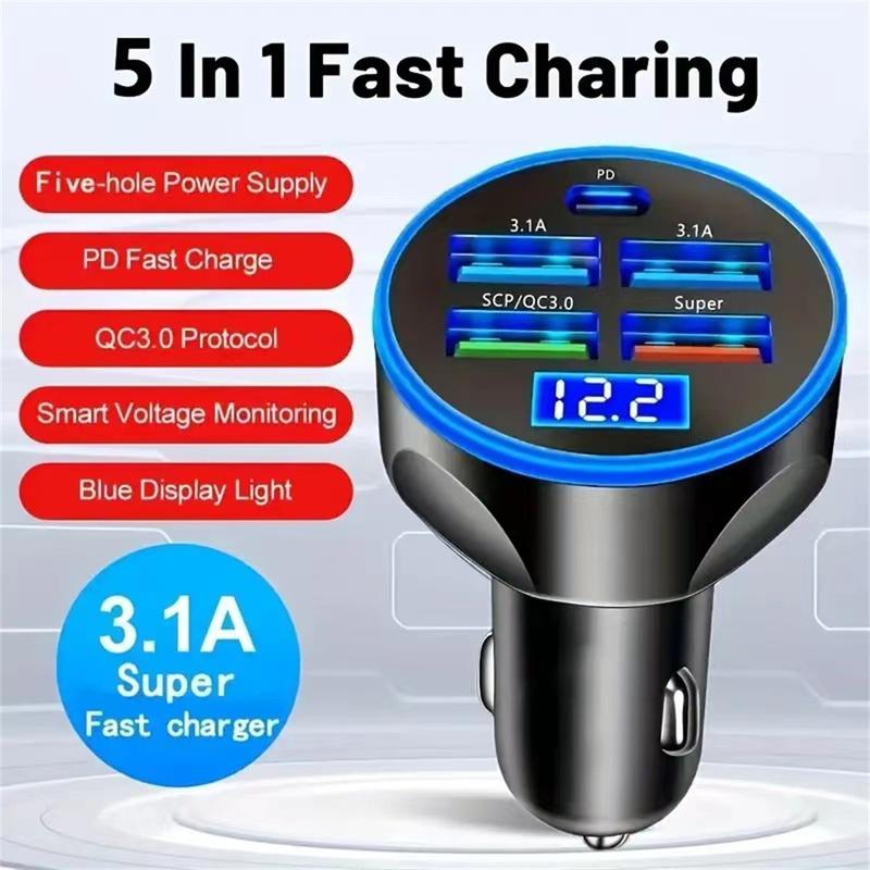 250W 6 Ports Car Fast Charging Car Charger PD QC3.0 USB C Type C Car Phone Charger Adapter For iPhone 15 Samsung Huawei Xiaomi