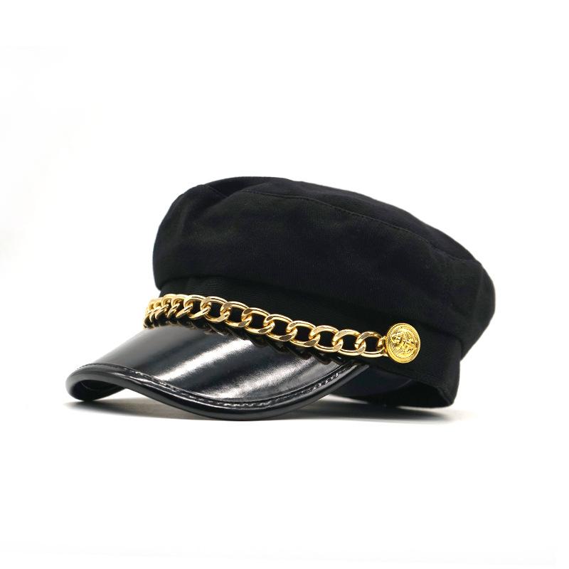 Gold Chain Iron Buckle Big Brim Military Hat Fashion Couple Versatile Black Cap Personality Thin Internet Celebrity Hat