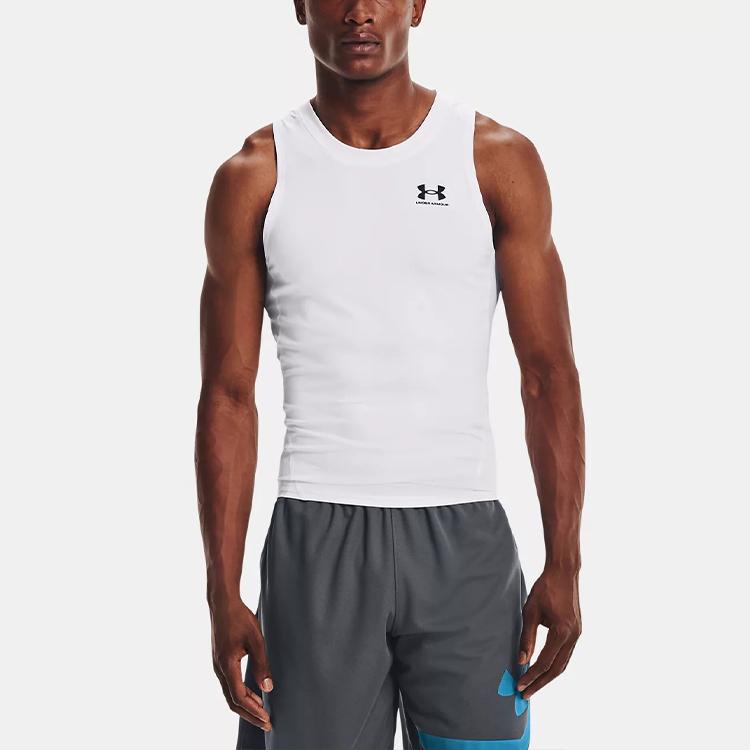 Under Armour HeatGear Compression Contrast Logo Sports Tank Top Men Tops White 1368352-100
