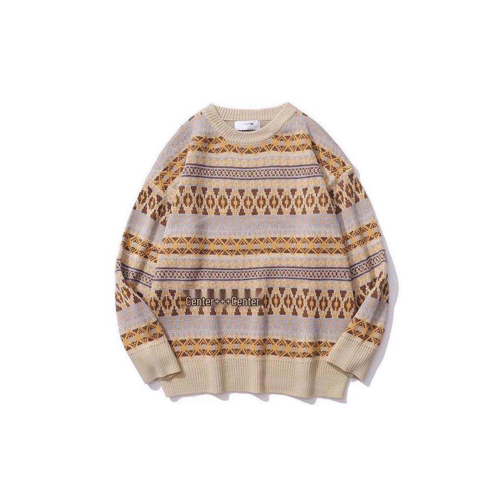 Men's Retro Japanese Winter Thick Color Block Round Neck Jacquard Sweater - Unisex, Loose Fit.