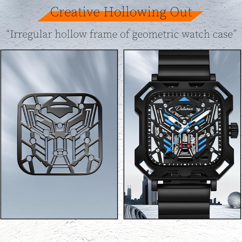 Новая концепция трехмерных квадратных циферблатов с полым циферблатом, мужские прохладные ночные светящиеся водонепроницаемые автоматические механические часы из нержавеющей стали