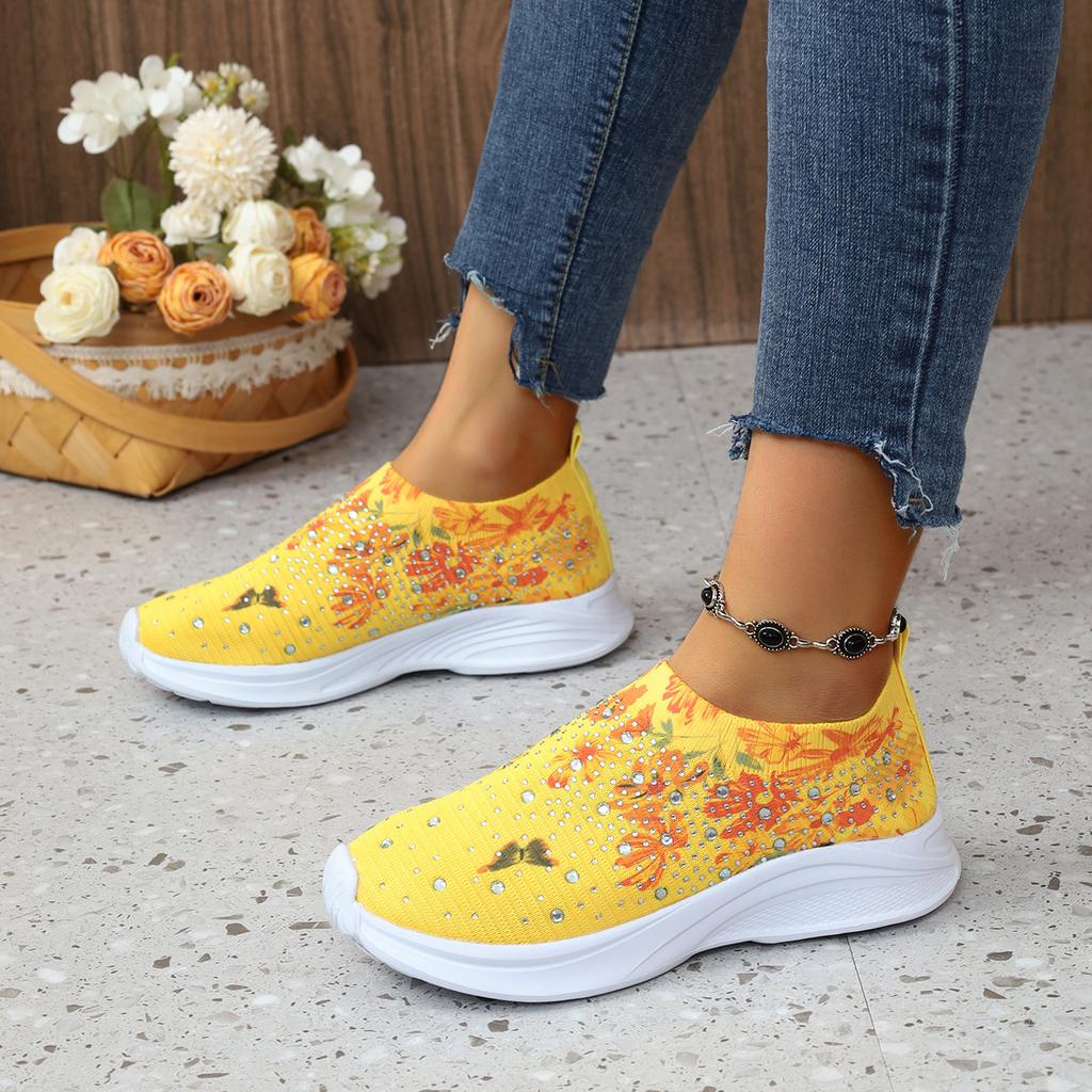 Plus Size Women's Shoes Spring Breathable Sports Casual Shoes Rhinestones Rainbow Shiny Fly Knitted Shoes Platform Running Shoes Women