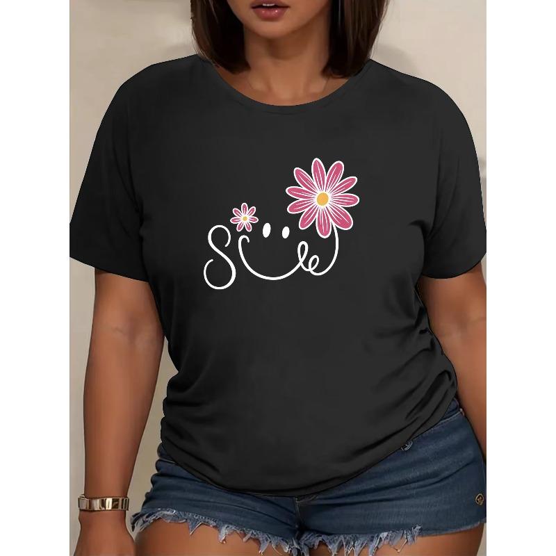 Women's Soft Breathable Short-Sleeve with Smiling Flower Print - Relaxed Fit Round Neck Blouse, Medium-Stretch Machine-Washable Summer Top in Casual