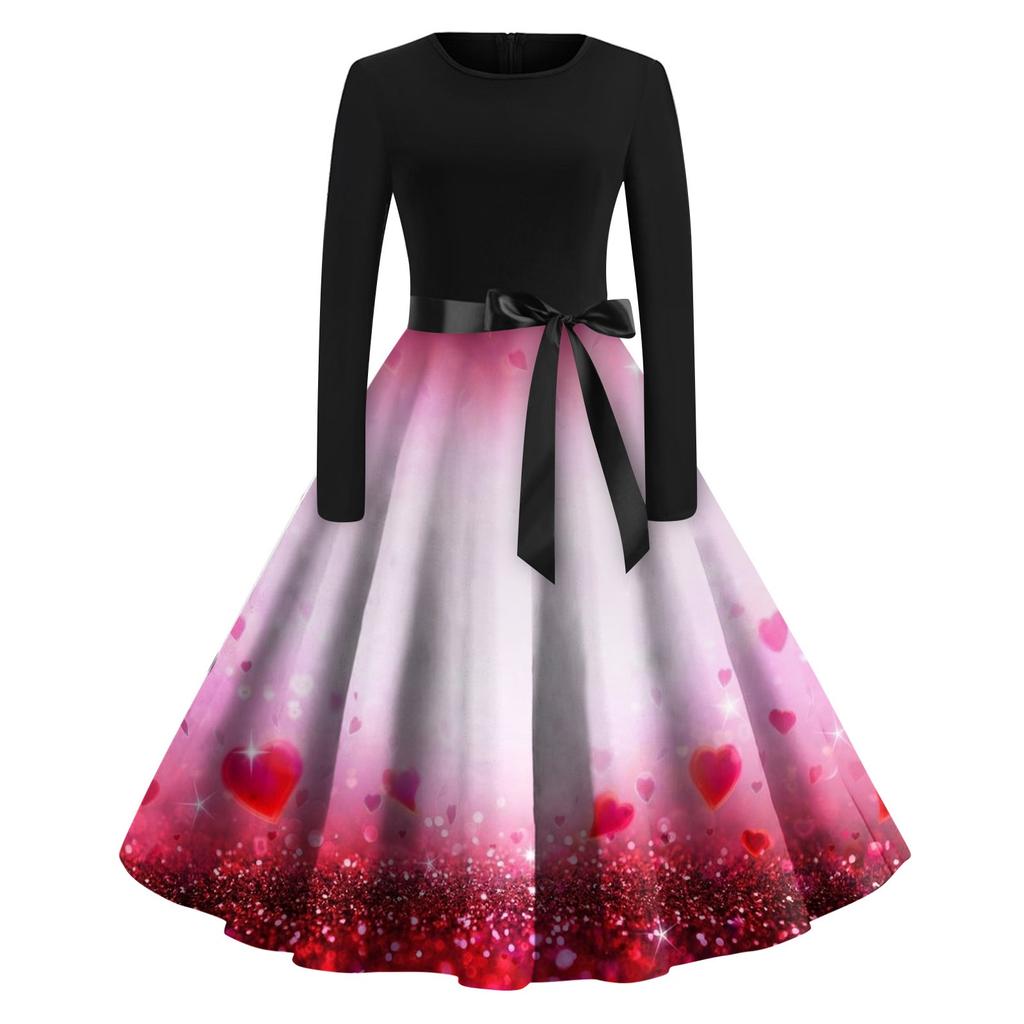Женское винтажное классическое платье с длинным рукавом и принтом на День святого Валентина, свободное платье с круглым вырезом