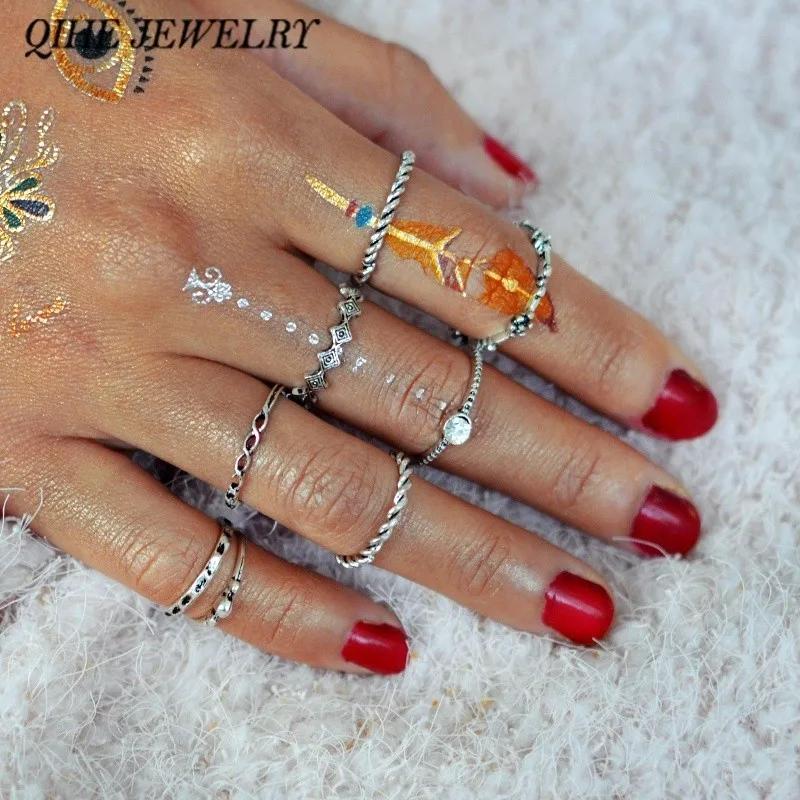 8pcs/set Fashion Bohemia Dainty Twist Thin Band Silver Color Stacking Ring Gift Jewelry Ring Set