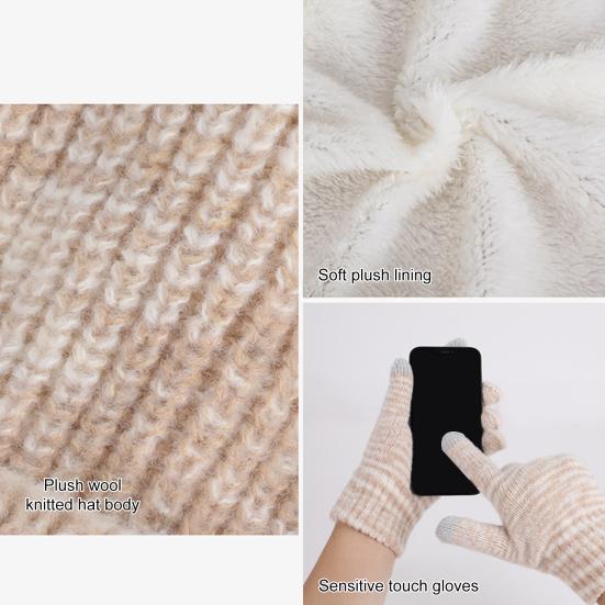 3Pcs/Set Winter Hat Scarf Gloves Set Thickened Velvet Lining Colorful Elastic Fit Knitting Hat Neck Warmer Gloves Set
