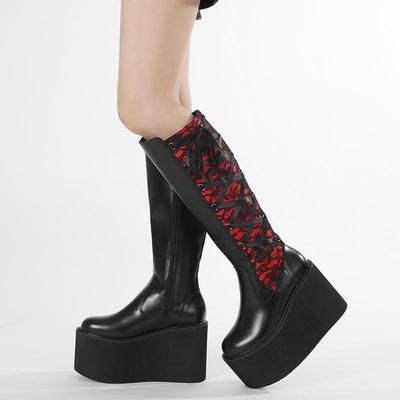 Женские ретро зимние сапоги до колена на шнуровке с толстым клиновидным каблуком и боковой молнией, ковбойские сапоги, полуформальная обувь