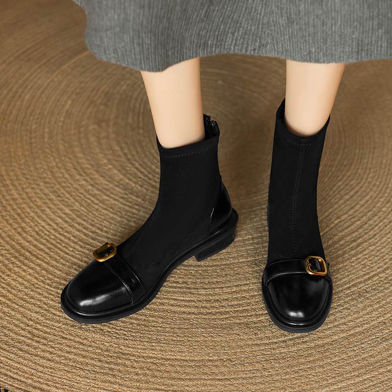 Krazing Po Микрофибра Флок Зима Круглый Носок Размер 33 Ботильоны Челси Размер 43 Молния Металлическая Пряжка Низкий Каблук Ботильоны