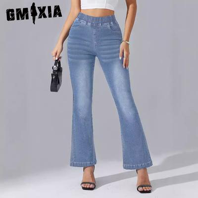 Женские джинсы с эластичной резинкой на талии, эластичные джинсы с эффектом стирки, укороченные брюки