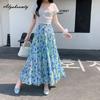 Корейский стиль весна-лето женская миди шифоновая юбка с высокой талией контрастного цвета сине-розовая цветочная юбка многослойные оборки милые юбки женские
