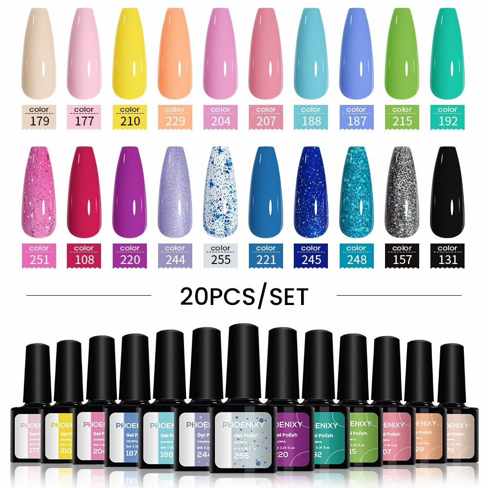 PHOENIXY, 20 шт., набор гель-лаков для ногтей, набор геля для замачивания с чистым цветом для дизайна ногтей, стартовый набор для начинающих, сделай сам, дома