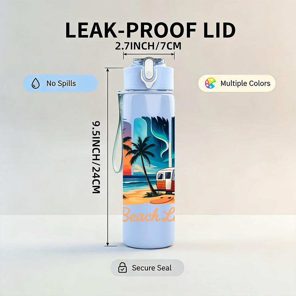 1PC Beach Life Tropical Coast Poster 750ml Color Plastic Sports Water Bottle Leakproof Flip Straw Lid Suitable for Sports Office Home Use