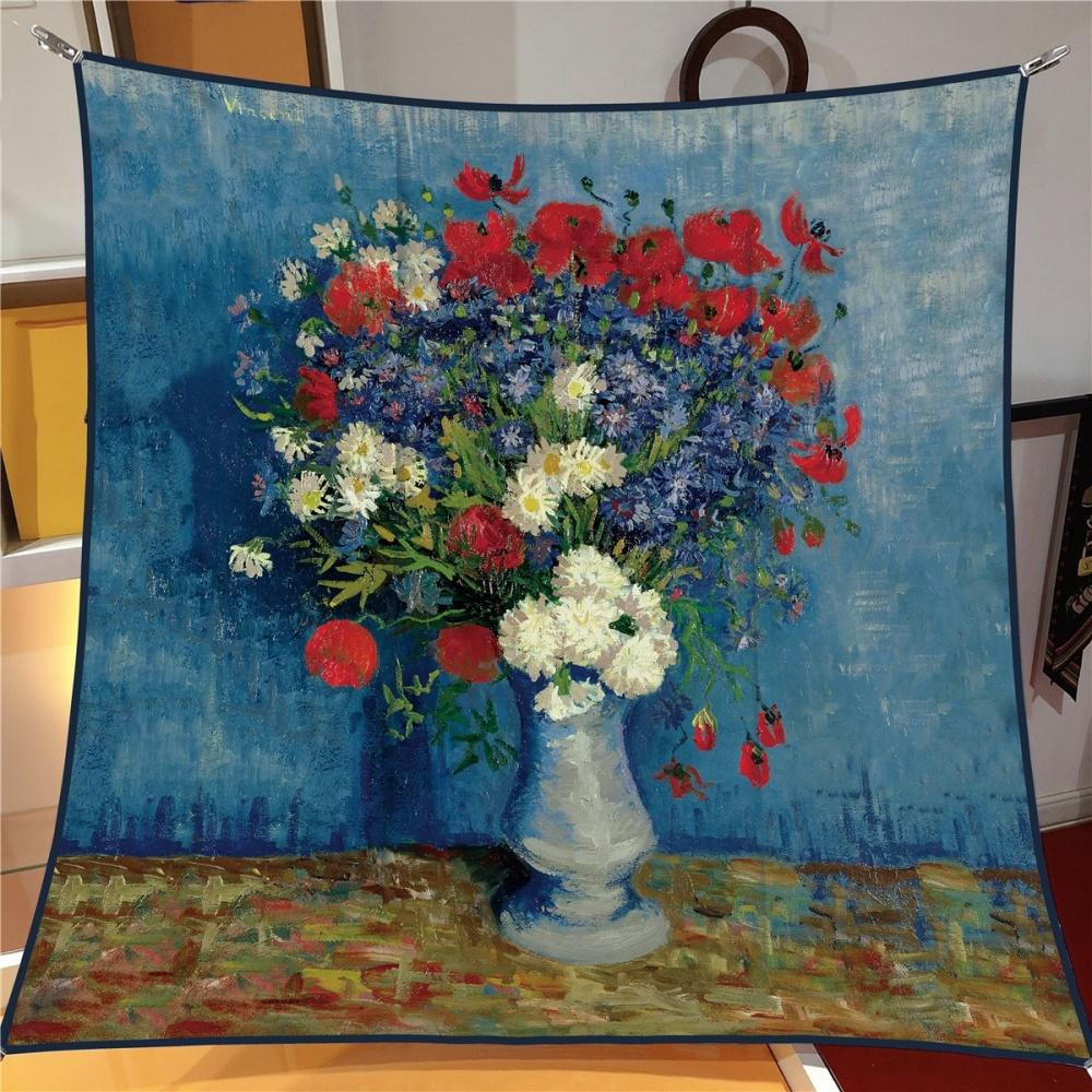 Silk Scarf Women Oil Painting Square Scarves Head Echarpes Silk Foulards Femme Wraps Beach Shawls Bandana Lady Hijabs 90CM