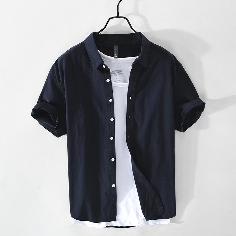 Летние рубашки для мужчин, простой стиль, повседневные, 100% хлопок, короткие рукава, мужские топы, отложной воротник, белая рубашка, 100% хлопок, удобная повседневная рубашка