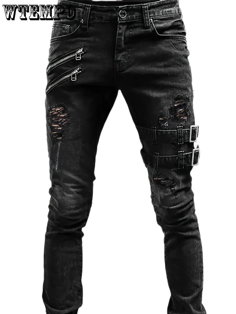 Men's Casual Skinny Biker Jeans, Chic Street Style Medium Stretch Denim Pants