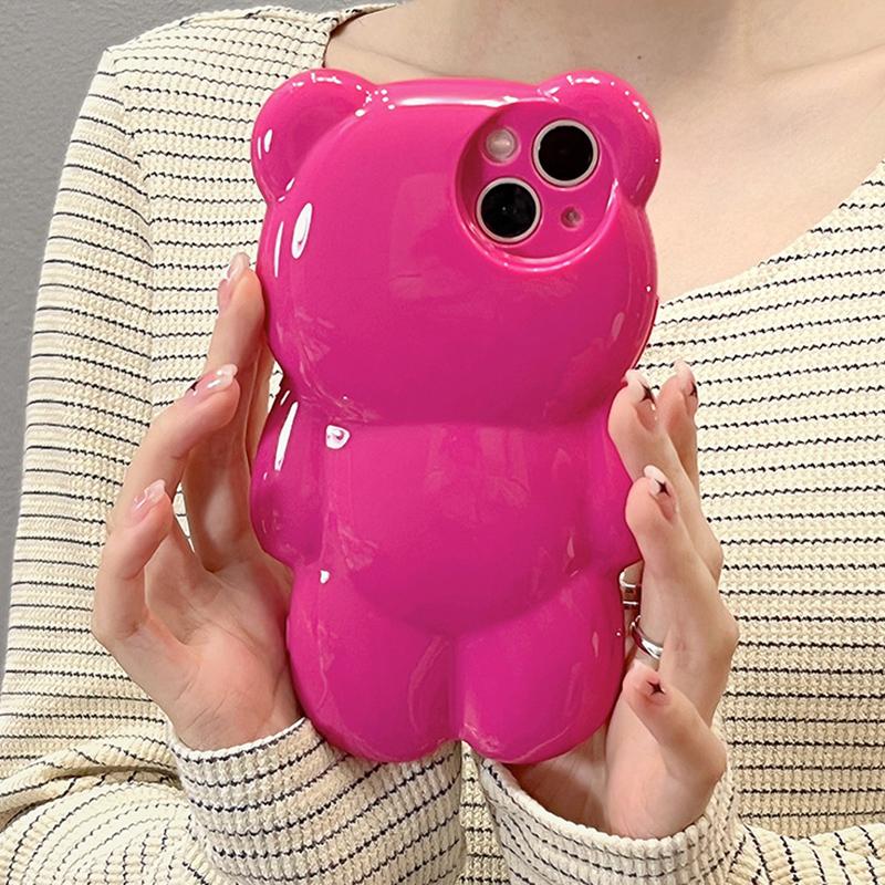 Korean Cute 3D Cartoon Rose Bear Phone Case For iPhone 14 13 12 11 15 16 17 Pro Max Air Lovely Animal Shockproof Soft Back Cover