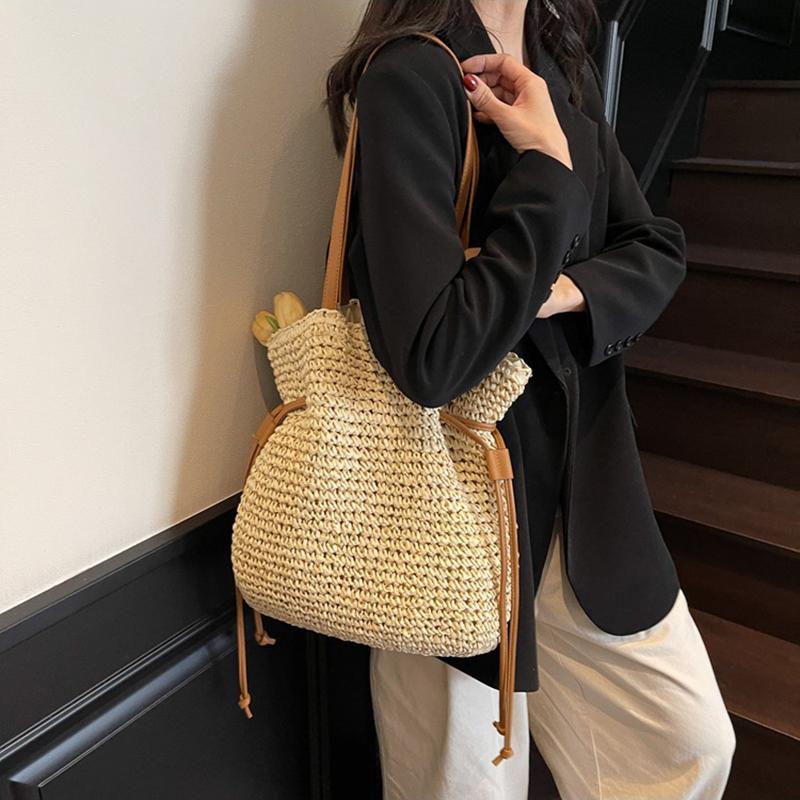 Yogodlns Женская соломенная сумка подмышкой, однотонная плиссированная сумка, большая вместимость, модная сумка на плечо, дорожная сумка для покупок, пляжная сумка