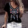 Summer V-neck 3D Ethnic Style Printed Top Fashionable Casual Short Sleeved Women's T-shirts