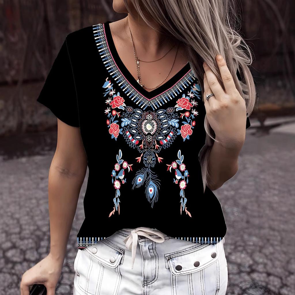 Summer V-neck 3D Ethnic Style Printed Top Fashionable Casual Short Sleeved Women's T-shirts