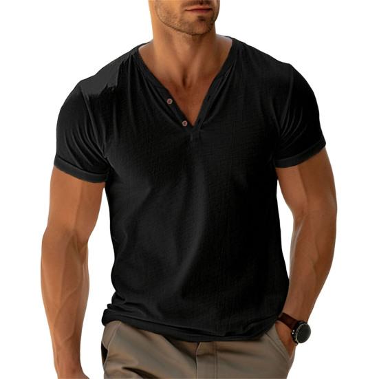 Men's Henry Collar T-shirt Short Sleeve Solid Color Summer Tee Shirt Cotton Blend Casual Top for Daily Wear Beach Travel