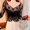 White Lace Undershirt Women's Spring and Autumn Style Transparent and Sexy V-neck Chiffon Shirt Long Sleeved Mesh Top
